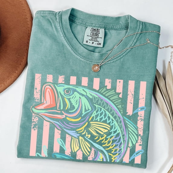 LOVETEE Rero Bass Fish Shirt, Pastel Striped Fishing Graphic Tee, Fisherman Gift, Lake Life T-Shirt, Coastal Summer Tee, White XL