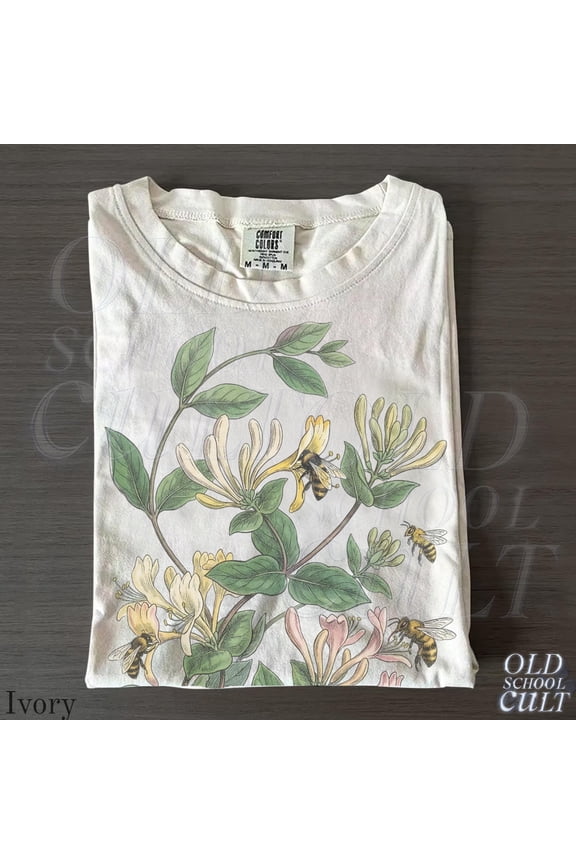 Vintage Honeysuckle Flower Bee 90s Graphic Tshirt, Retro Comfort Colors® Garden Plant Unisex Shirt, Ivory S