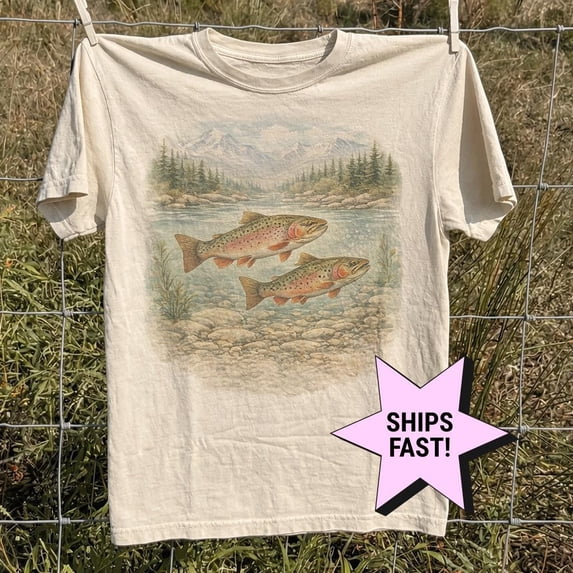 LOVETEE Vintage Trout 90s Fishing Shirt, Mountain River Landscape Comfort Colors® Tee, Retro Fisherman Outdoor Graphic, Fisherman Gift, Grey M