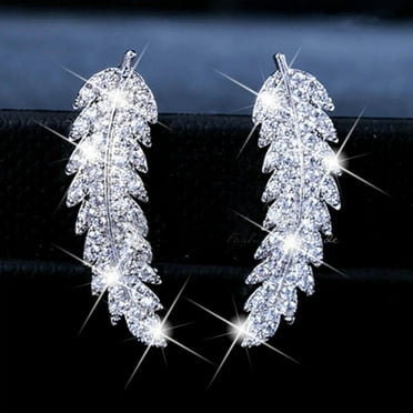 LOVEVER Gorgeous Feather Ear Climbers 925 Sterling Silver Wing Gold Clear Crystal Leaves Cluster Cuff Earrings For Women