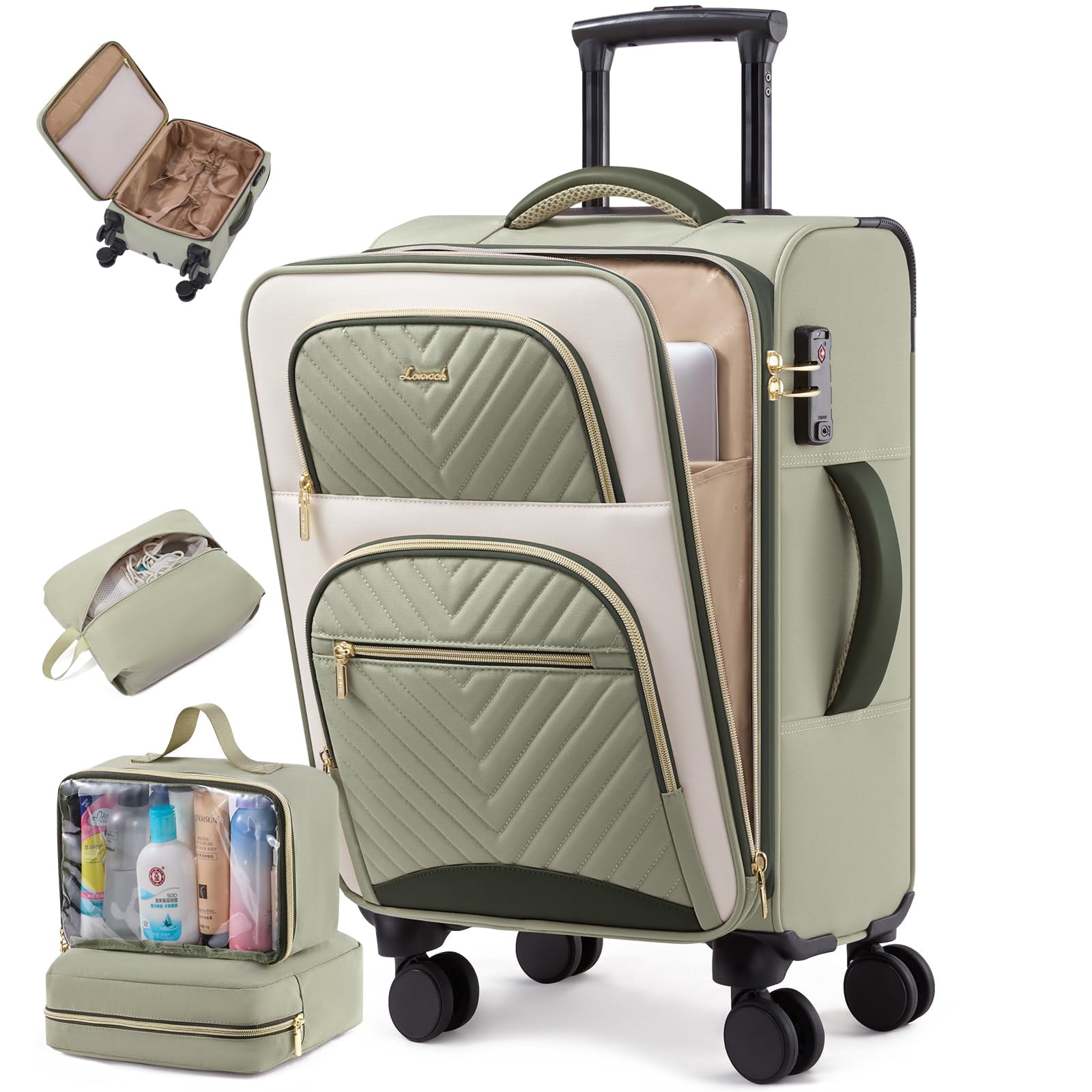 LOVEVOOK Carry on Luggage 22x14x9 Airline Approved, Waterproof Carry on Suitcase with 3 Pouches,Lightweight Softside Underseat Travel Luggage with 360° Spinner Wheels,TSA Lock for Travel Business