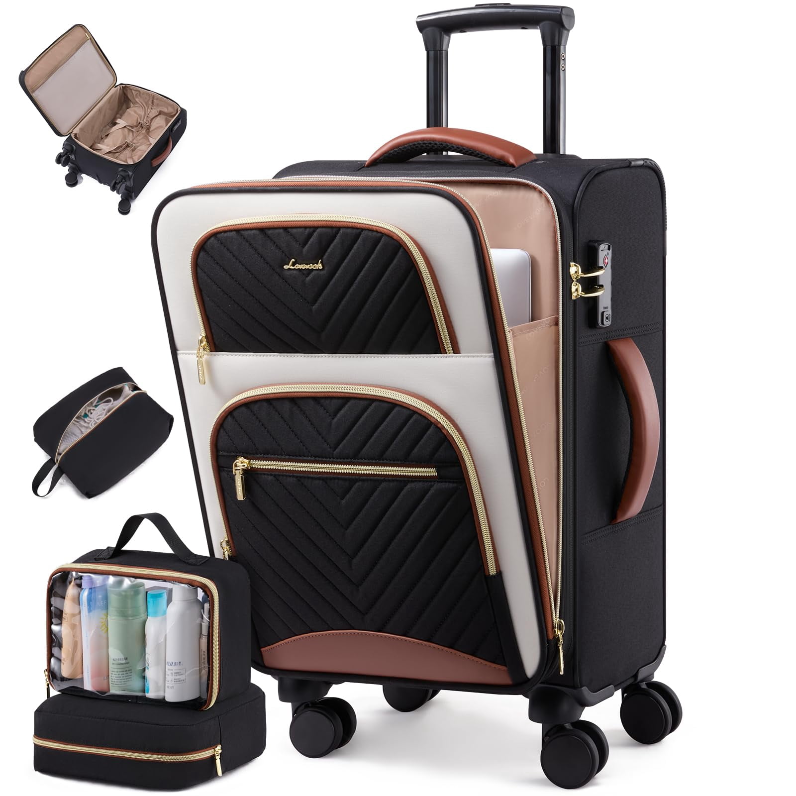 LOVEVOOK Carry on Luggage 22x14x9 Airline Approved, Waterproof Carry on Suitcase with 3 Pouches,Lightweight Softside Underseat Travel Luggage with 360° Spinner Wheels,TSA Lock for Travel Business