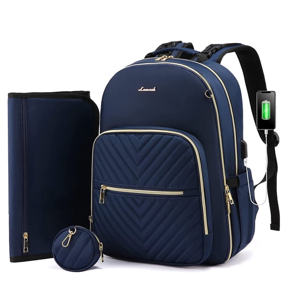 LOVEVOOK Diaper Backpack, Waterproof Quilted Diaper Bag with Changing Station & Pacifier Holder for New Mum & Daddy Travel- Large & Blue