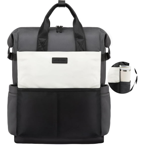 LOVEVOOK Laptop Backpack for Women,15.6 Inch Work Travel Backpack Purse for College Bookbag for Waterproof Computer Bag for Teacher Nurse Business, Black-Beige-Grey