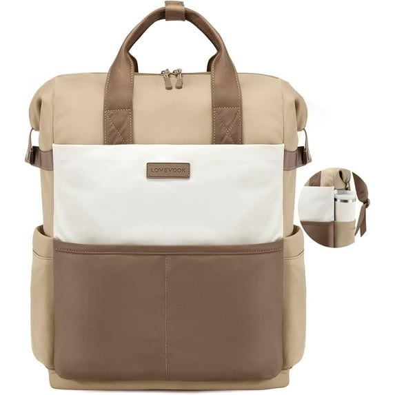 LOVEVOOK Laptop Backpack for Women,15.6 Inch Work Travel Backpack Purse for College Bookbag Waterproof Computer Bag for Teacher Nurse Business, Black-Beige-Grey