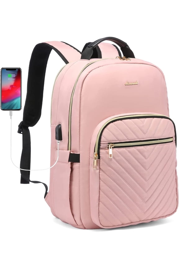 Laptop Backpack for Women, 15.6" Quilted Travel Backpack with Anti-Thief Pocket, Teacher Backpack Book Bag Nurse Bag Purse with USB-Lovely Pink