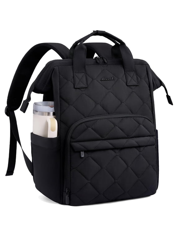 Laptop Backpack for Women, 15.6 inch Work Travel Backpack Purse, Puffer Quilted Laptop Backpack Casual Daypack for Nurse Teacher,Black-White-Brown