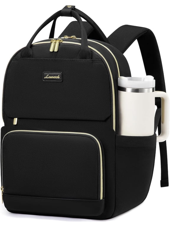 Laptop Backpack for Women with Giant Tumbler Holder Pocket, 15.6 inch Travel Work Backpack Purse for Teacher Nurse, Waterproof College Book Bag Cute Casual Daypack, Beige-Black-Brown
