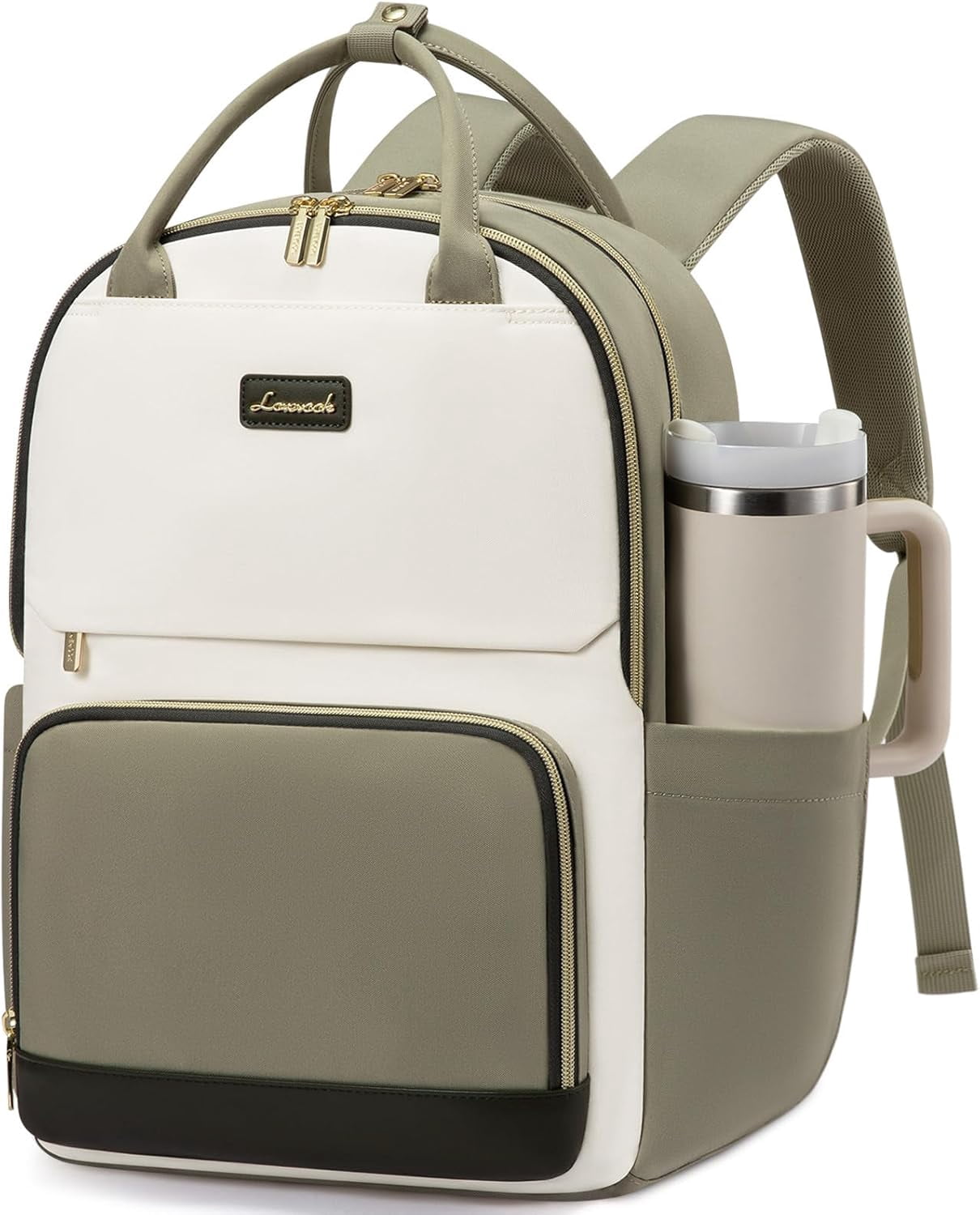 LOVEVOOK Laptop Backpack for Women with Giant Tumbler Holder Pocket, 15.6 inch Travel Work Backpack Purse for Teacher Nurse, Waterproof College Book Bag Cute Casual Daypack, Beige-Black-Brown