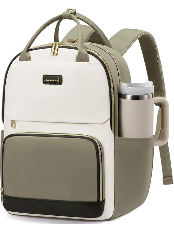 Laptop Backpack for Women with Giant Tumbler Holder Pocket, 15.6 inch Travel Work Backpack Purse for Teacher Nurse, Waterproof College Book Bag Cute Casual Daypack, Beige-Black-Brown