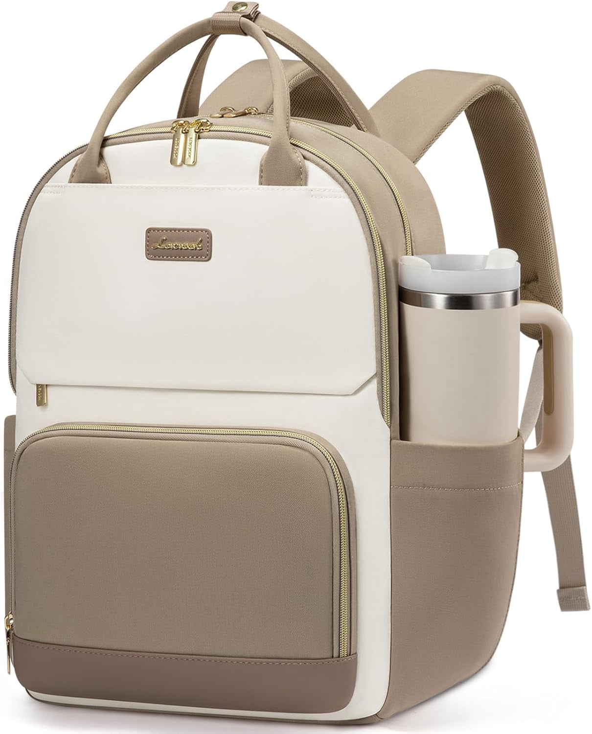 LOVEVOOK Laptop Backpack for Women with Giant Tumbler Holder Pocket, 15.6 inch Travel Work Backpack Purse for Teacher Nurse, Waterproof College Book Bag Cute Casual Daypack, Beige-Black-Brown
