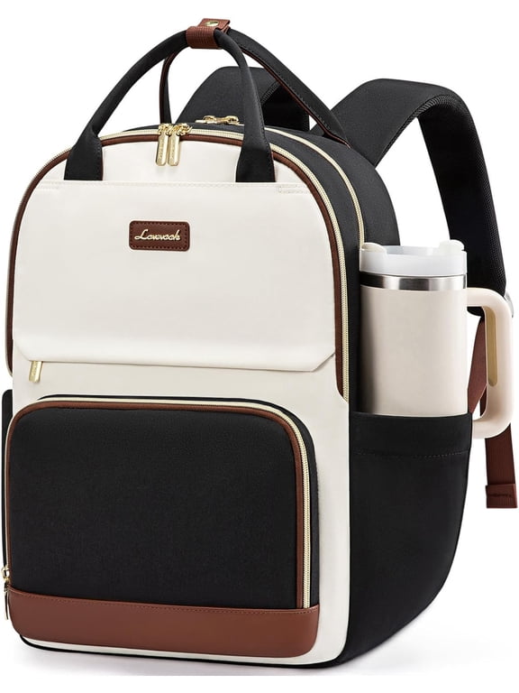 Laptop Backpack for Women with Giant Tumbler Holder Pocket, 15.6 inch Travel Work Backpack Purse for Teacher Nurse, Waterproof College Book Bag Cute Casual Daypack, Beige-Black-Brown