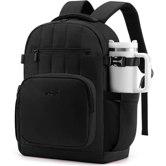 LOVEVOOK Laptop Backpack for Women with Pouch Pocket for Large Capacity Cup,15.6 Inch Lightweight Puffer Computer Laptop Bag Quilted Travel Backpack Purse for Work College Teacher Personal Item,Black