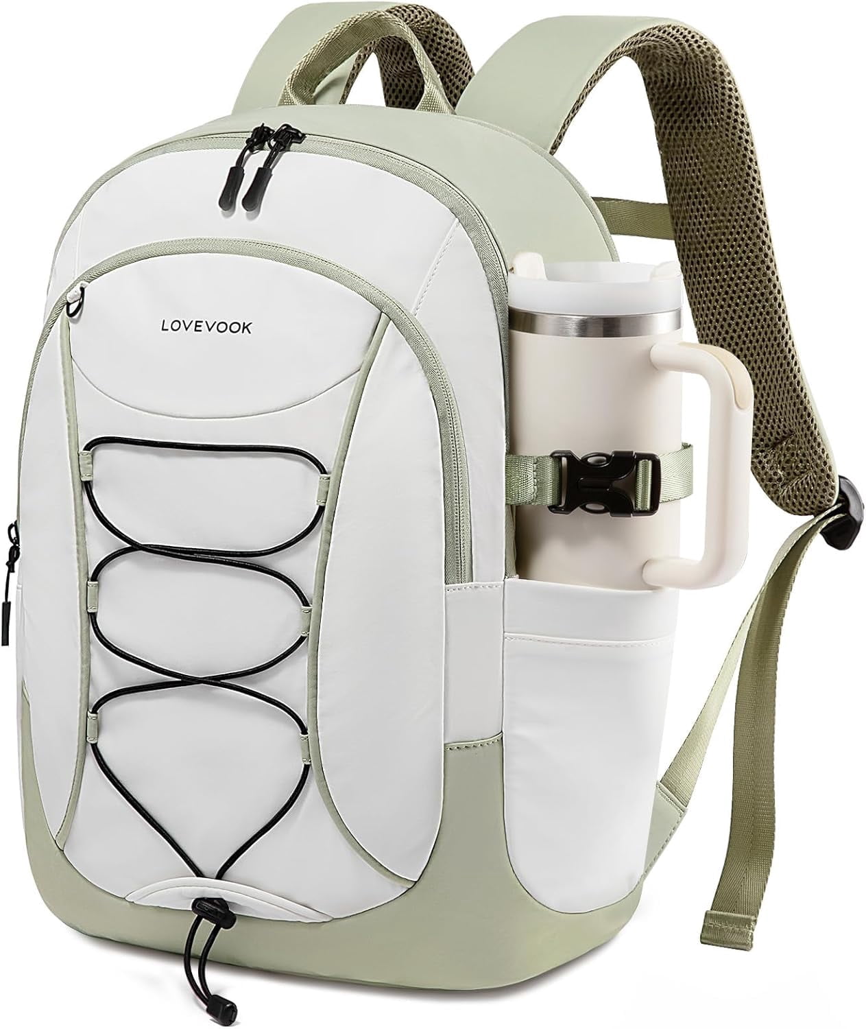 LOVEVOOK Laptop Backpack for Women with Pouch Pocket for Large Capacity Cup,15.6 Inch Work Computer Laptop Bag College Teacher Backpack Purse,Lightweight Travel Hiking Overnight Bag,White-Bean Green