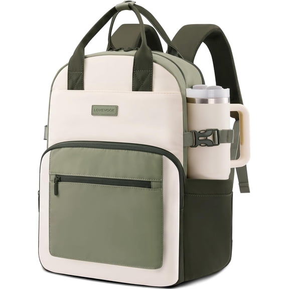 LOVEVOOK Laptop Backpack for Women - Stylish Work Backpack with Large Cup Holder, Waterproof College Teacher Backpack, Beige-Brown, 15.6Inch