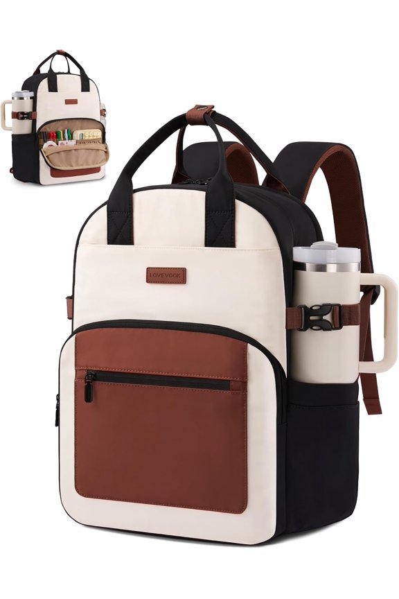 Laptop Backpack for Women - Stylish Work Backpack with Large Cup Holder, Waterproof College Teacher Backpack, Beige-Brown, 15.6Inch