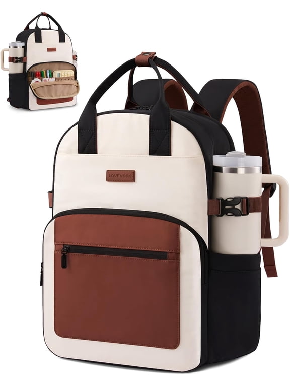 Laptop Backpack for Women - Stylish Work Backpack with Large Cup Holder, Waterproof College Teacher Backpack, Beige-Brown, 15.6Inch