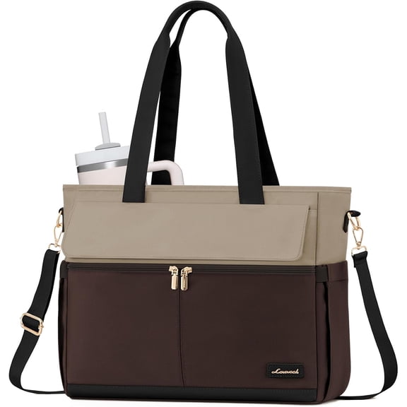 LOVEVOOK Laptop Bag for Women 15.6 Inch Canvas Laptop Large Capacity Work Bags Mutiple Pockets Teacher Bag Water Resistant Computer Bags for Business Travel Nurse, Black Brown