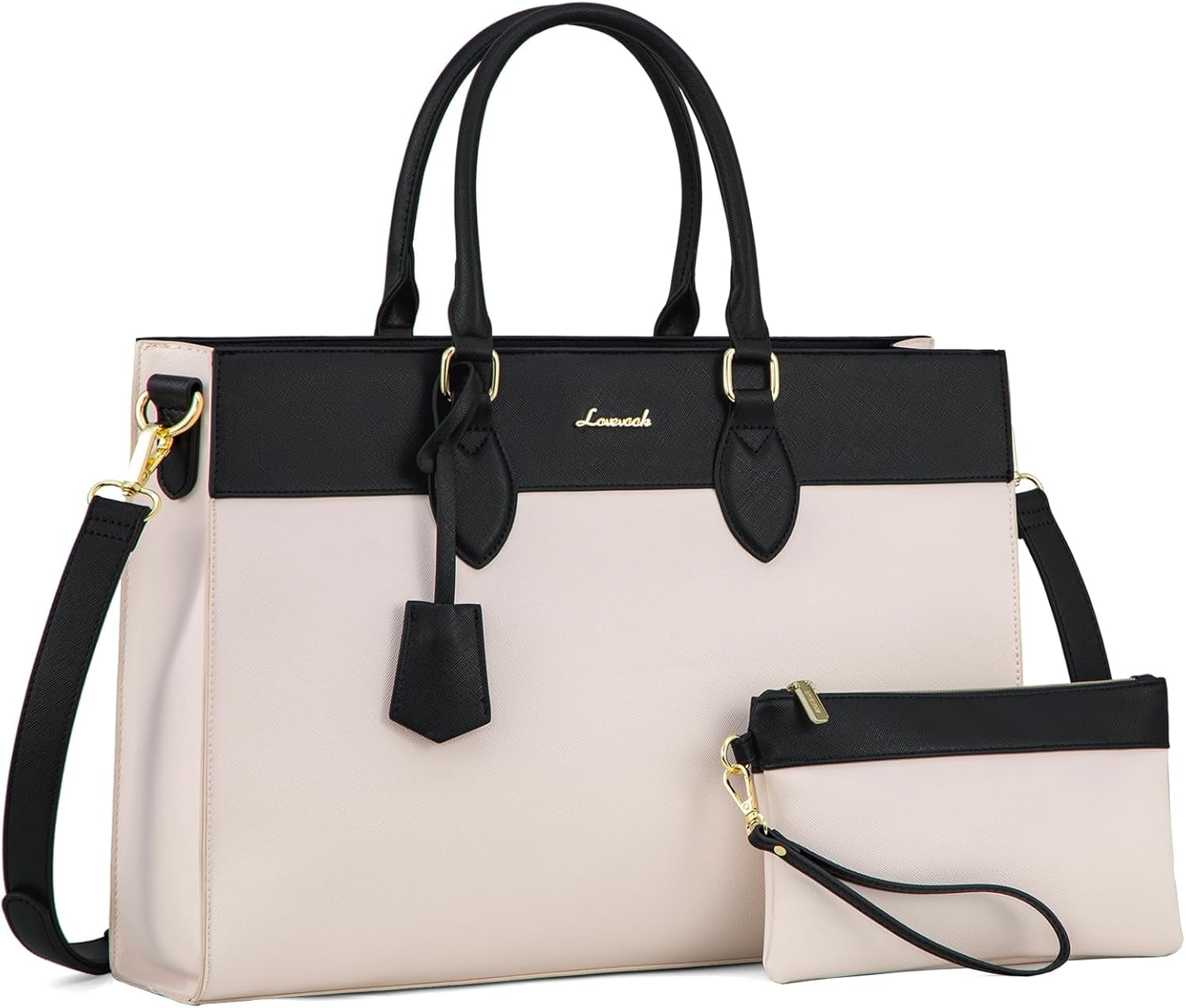 LOVEVOOK Laptop Bag for Women, 15.6 inch Laptop Tote Work Bag Purse, Large Waterproof Leather Computer Briefcase for Office, Beige-Black