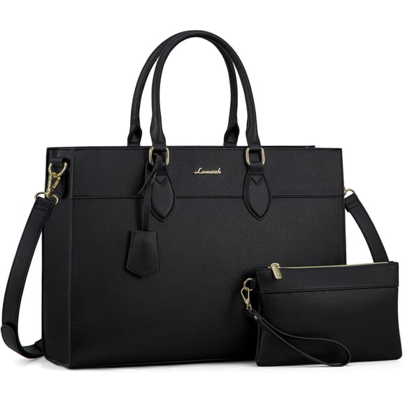 LOVEVOOK Laptop Bag for Women, 15.6 inch Laptop Tote Work Bag Purse, Large Waterproof Leather Computer Briefcase for Office, Beige-Black