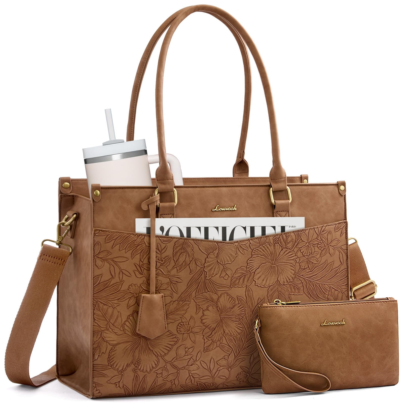 LOVEVOOK Laptop Bag for Women, 2-in-1 Tote Purse with Clutch & Cup Holder, Waterproof Briefcase for Work Travel