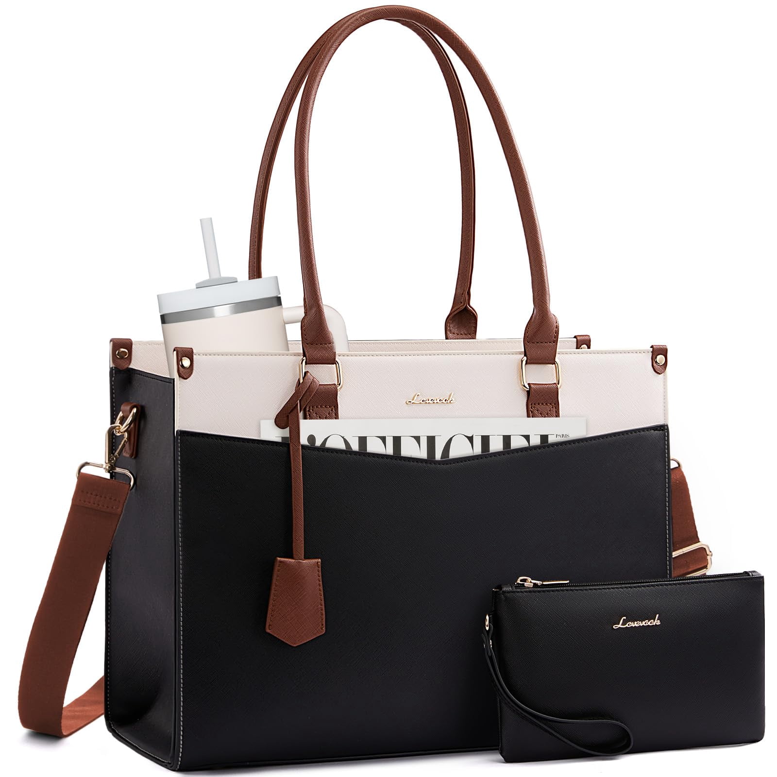 LOVEVOOK Laptop Bag for Women, 2-in-1 Tote Purse with Clutch & Cup Holder, Waterproof Briefcase for Work Travel