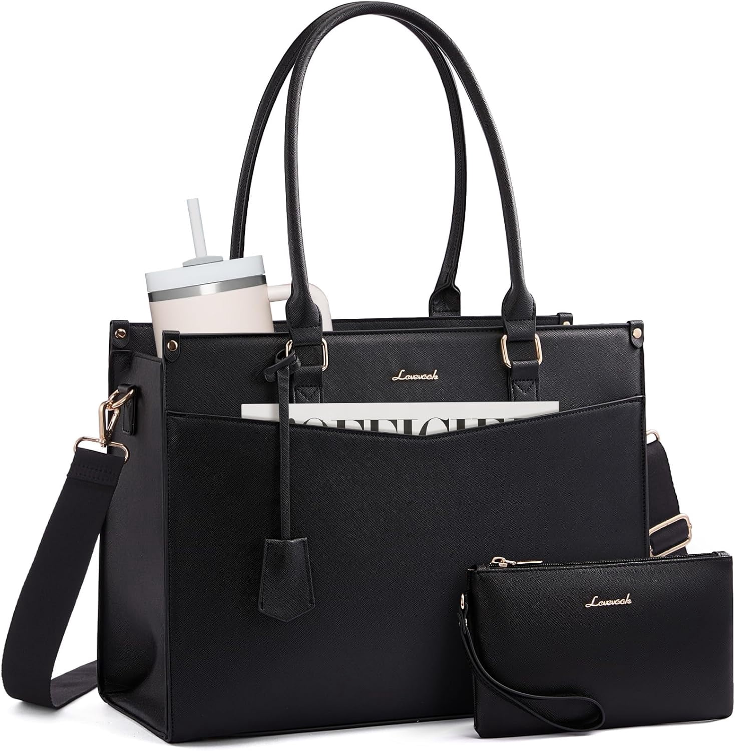 LOVEVOOK Laptop Bag for Women, 2-in-1 Tote Purse with Clutch & Cup Holder, Waterproof Briefcase for Work Travel