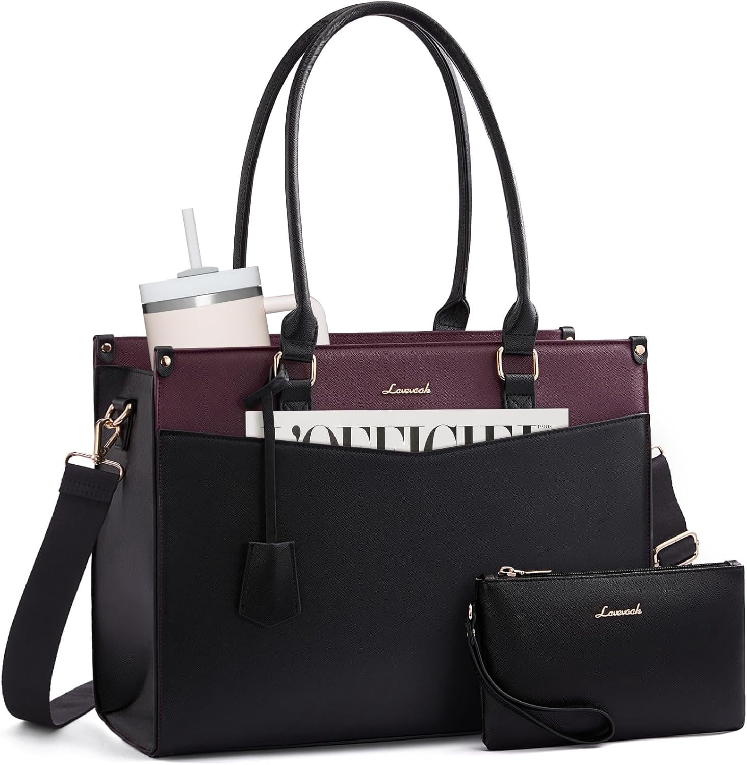 LOVEVOOK Laptop Bag for Women, 2-in-1 Tote Purse with Clutch & Cup Holder, Waterproof Briefcase for Work Travel