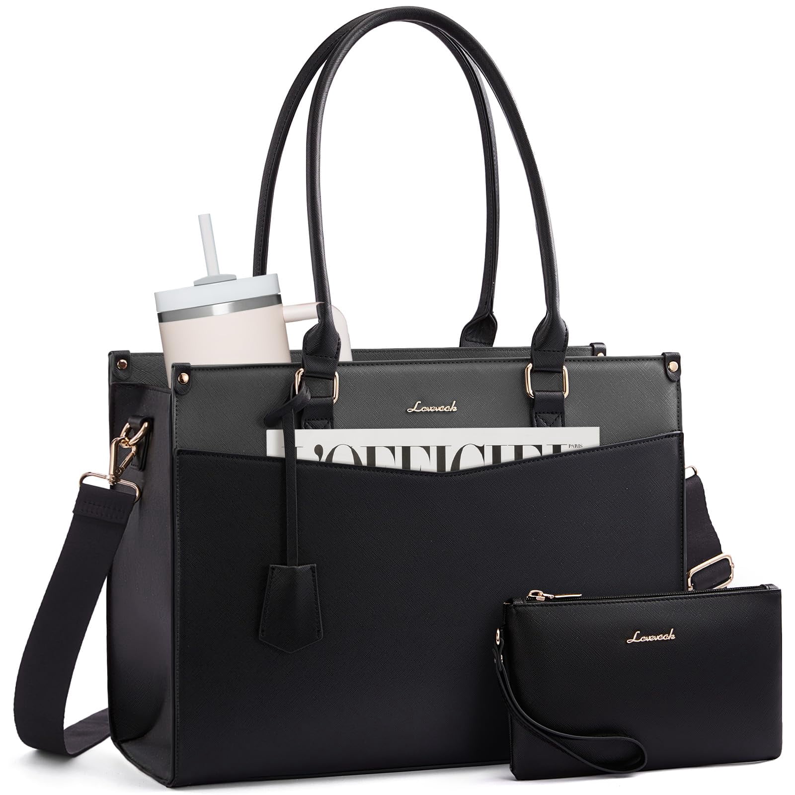 LOVEVOOK Laptop Bag for Women, 2-in-1 Tote Purse with Clutch & Cup Holder, Waterproof Briefcase for Work Travel