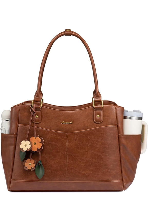 Laptop Bag for Women, Leather Vintage Work Tote Bag Computer Office Teacher Bag with Large Cup Holder