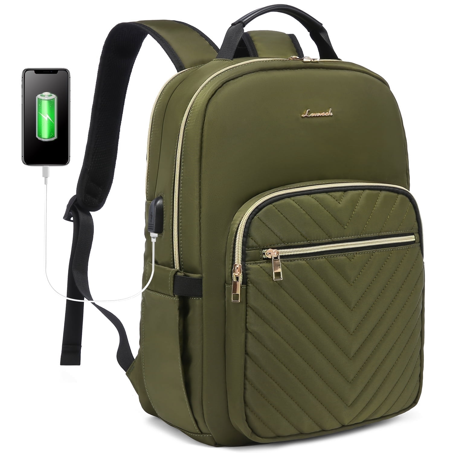 Lovevook Laptop Backpack for Women, 15.6" Quilted Travel Backpack with Anti-Thief Pocket, Teacher Backpack Book Bag Nurse Bag Purse with USB-ARMY Green