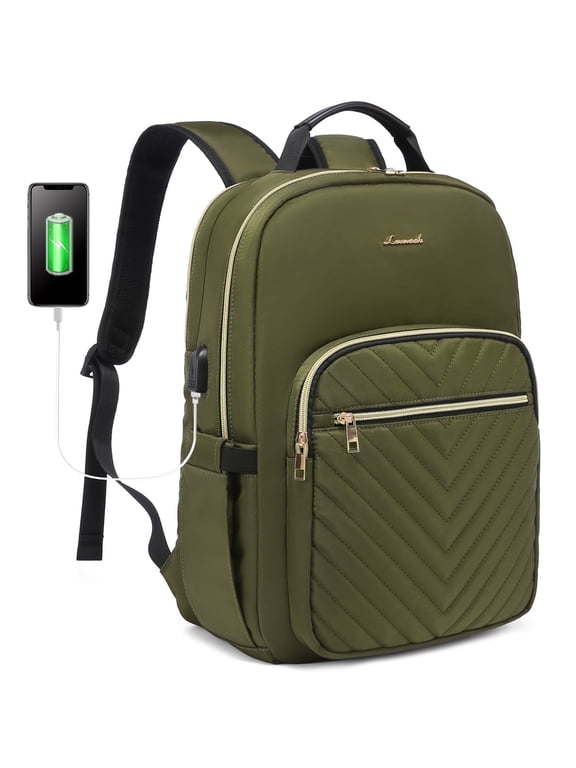 Laptop Backpack for Women, 15.6" Quilted Travel Backpack with Anti-Thief Pocket, Teacher Backpack Book Bag Nurse Bag Purse with USB-ARMY Green