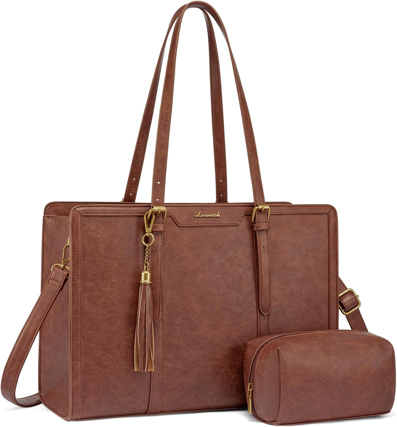 LOVEVOOK Laptop Bag for Women Vintage Leather Laptop Tote 15.6 inch Large Capacity Computer bag with Clutch Purse for Work