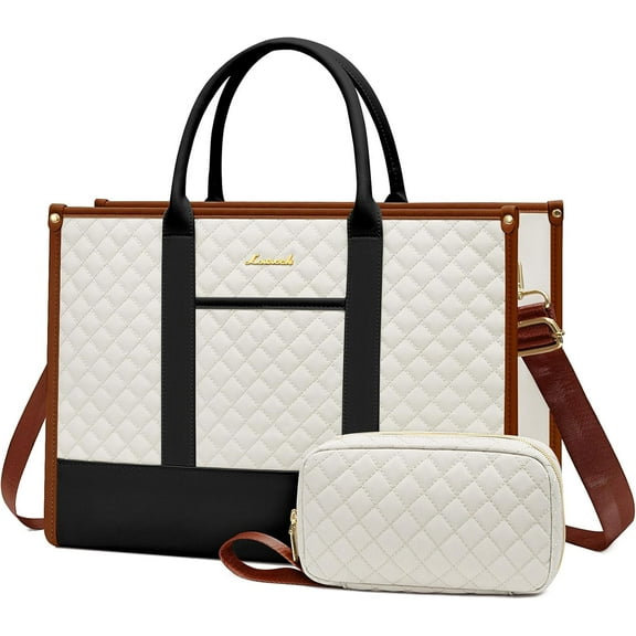 LOVEVOOK Laptop Bags for Women, 15.6 inch Waterproof Work Tote Bag with Clutch, Professional Teacher Computer Purse Lightweight Shoulder Bag Travel, Quilted Black