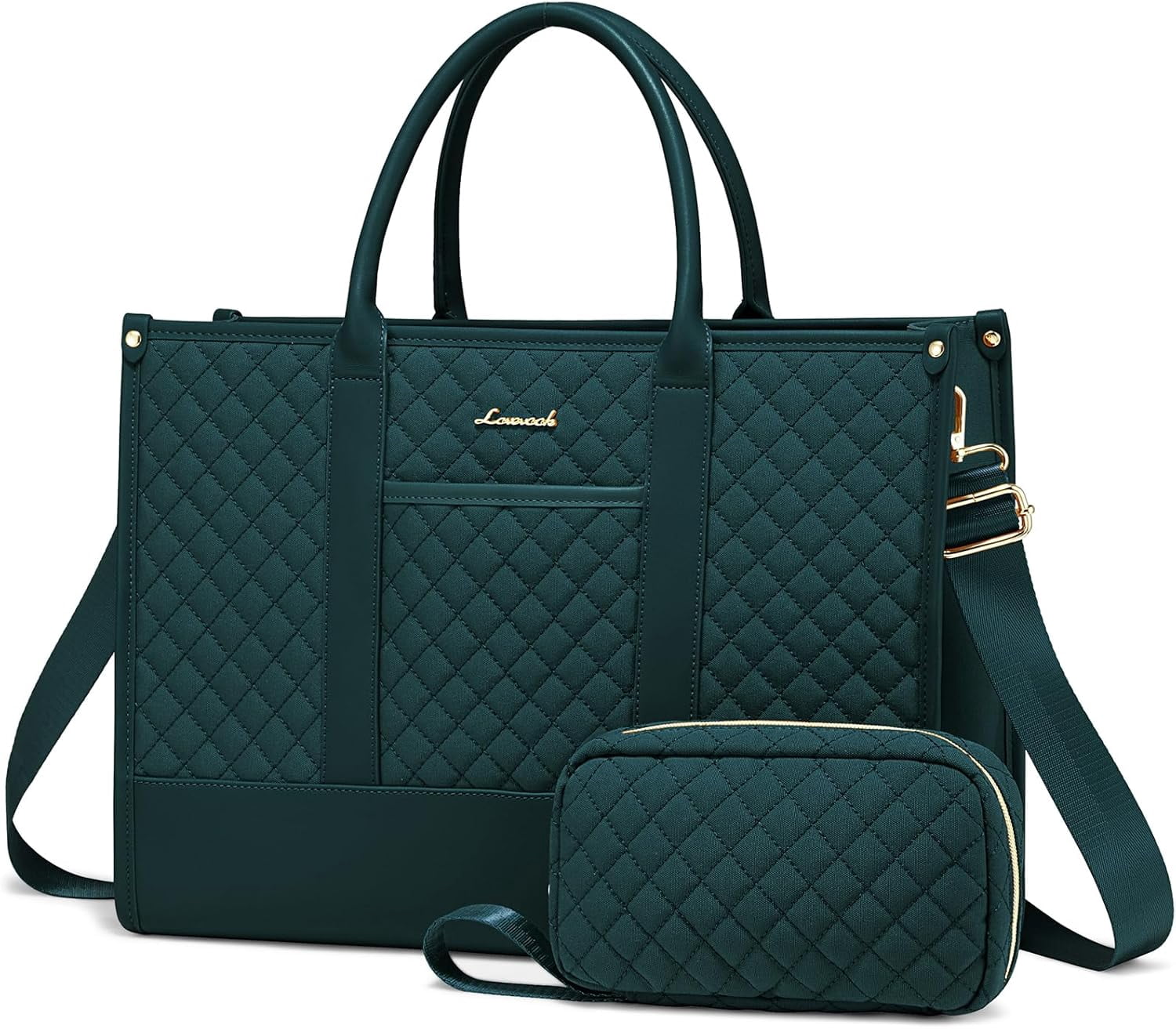 LOVEVOOK Laptop Bags for Women, 15.6 inch Waterproof Work Tote Bag with Clutch, Professional Teacher Computer Purse Lightweight Shoulder Bag Travel, Quilted Black