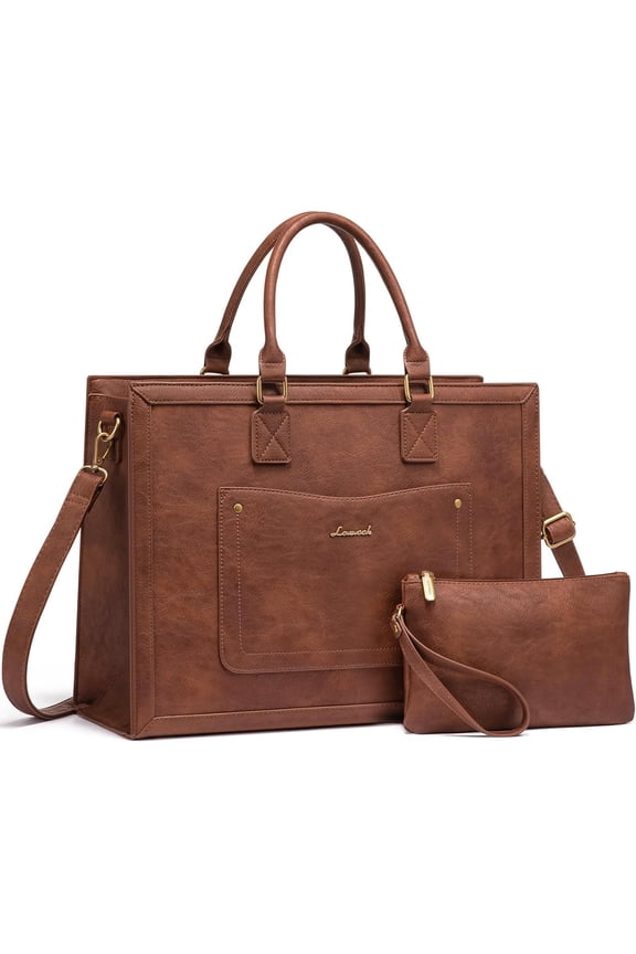 Laptop Tote Bag for Women, 15.6 Inch Work Bags, Vintage Leather Tote Bag, Waterproof Computer Bags with Clutch Purse, Large Capacity Messenger Bag for Teacher College Business Office