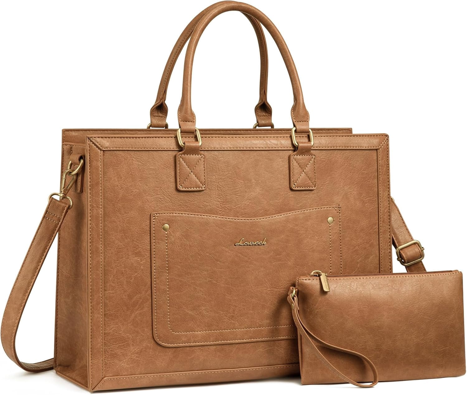 LOVEVOOK Laptop Tote Bag for Women, 15.6 Inch Work Bags, Vintage Leather Tote Bag, Waterproof Computer Bags with Clutch Purse, Large Capacity Messenger Bag for Teacher College Business Office