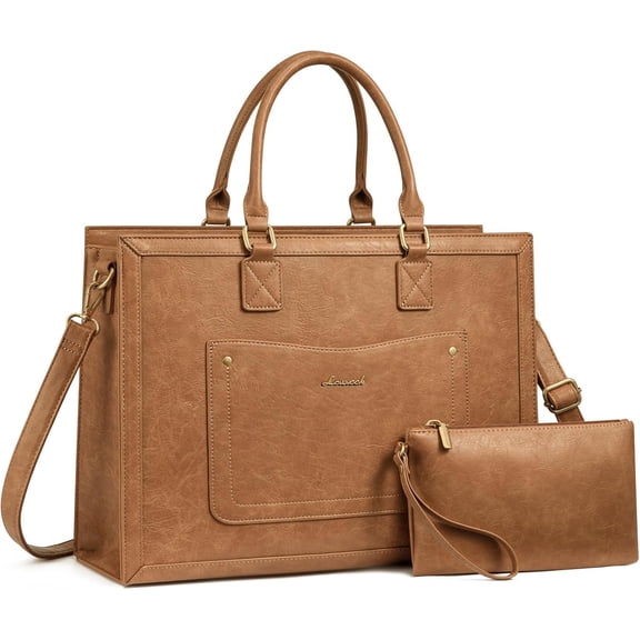 LOVEVOOK Laptop Tote Bag for Women, 15.6 Inch Work Bags, Vintage Leather Tote Bag, Waterproof Computer Bags with Clutch Purse, Large Capacity Messenger Bag for Teacher College Business Office