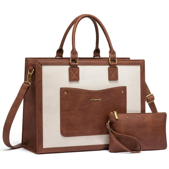 LOVEVOOK Laptop Tote Bag for Women, 15.6 Inch Work Bags, Vintage Leather Tote Bag, Waterproof Computer Bags with Clutch Purse, Large Capacity Messenger Bag for Teacher College Business Office