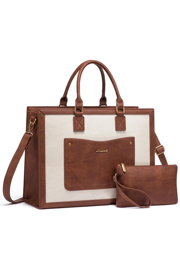 Laptop Tote Bag for Women, 15.6 Inch Work Bags, Vintage Leather Tote Bag, Waterproof Computer Bags with Clutch Purse, Large Capacity Messenger Bag for Teacher College Business Office