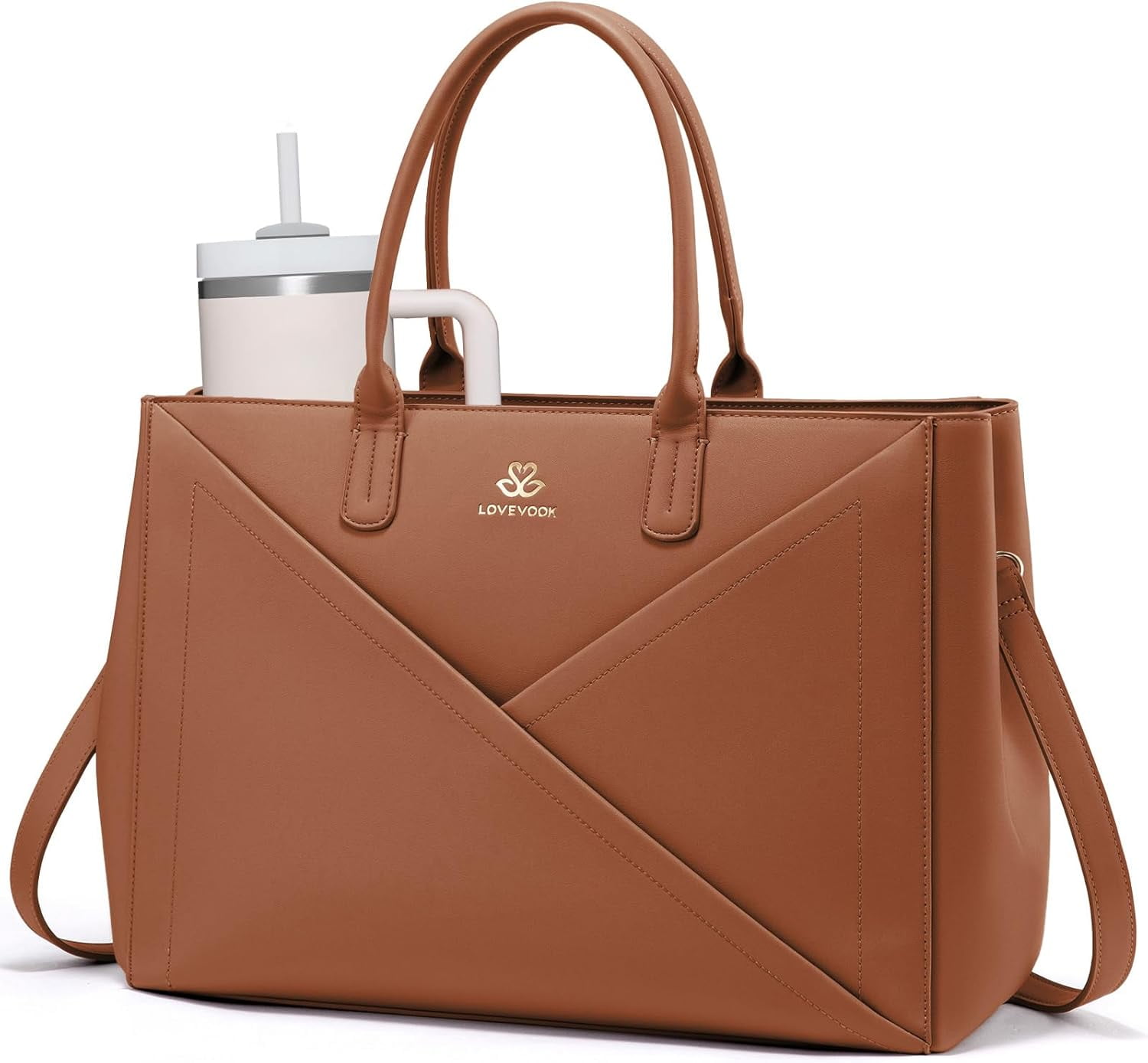 LOVEVOOK Laptop Tote Bag for Women with Large Cup Holder, 15.6 Inch PU Leather Work Bag Teacher Tote Bag, Waterproof Computer Bags Business Office Briefcase Handbag