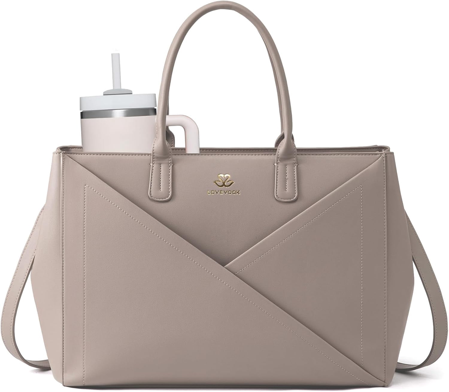 LOVEVOOK Laptop Tote Bag for Women with Large Cup Holder, 15.6 Inch PU Leather Work Bag Teacher Tote Bag, Waterproof Computer Bags Business Office Briefcase Handbag