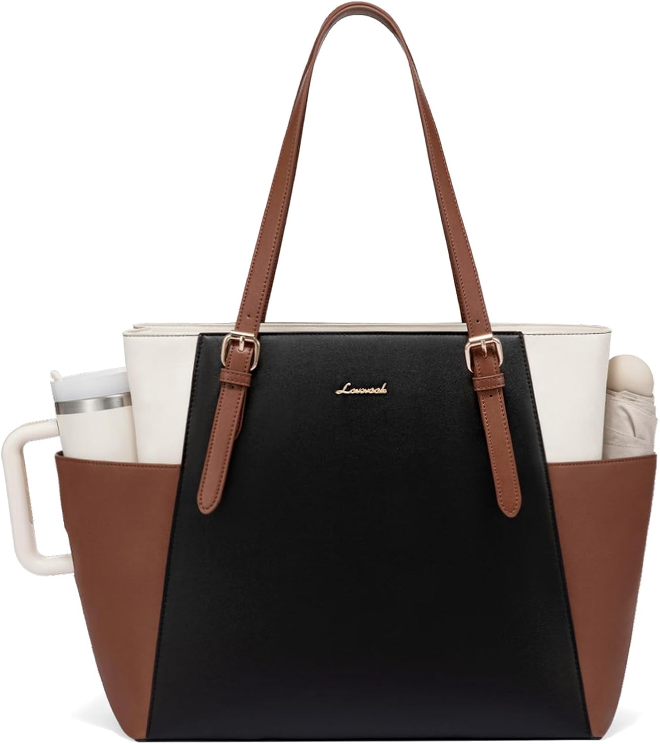 LOVEVOOK Laptop Tote Bag for Women With Large Cup Holder, Leather Work Tote Bag for Women,17.3 Inch Professional Computer Briefcase Business Teacher Commuter Shoulder Bag,Office Travel Gift