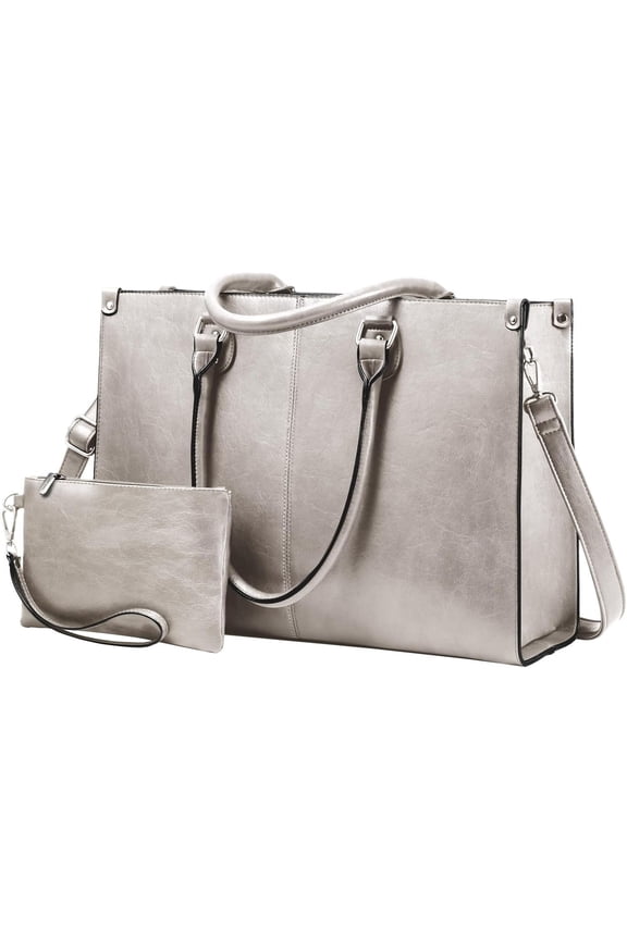 Laptop Tote Bag for Women, 15.6 Inch Large Capacity Vintage Leather Work Computer Bag, Business Casual Shoulder Handbag, Dark Brown