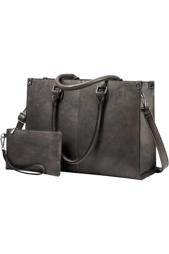 Laptop Tote Bag for Women, 15.6 Inch Large Capacity Vintage Leather Work Computer Bag, Business Casual Shoulder Handbag, Dark Brown