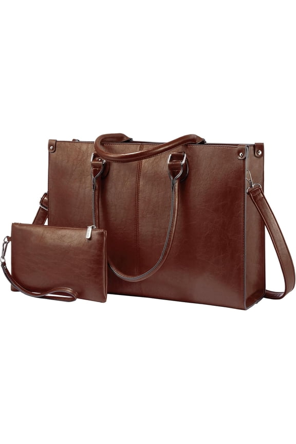 Laptop Tote Bag for Women, 15.6 Inch Large Capacity Vintage Leather Work Computer Bag, Business Casual Shoulder Handbag, Dark Brown