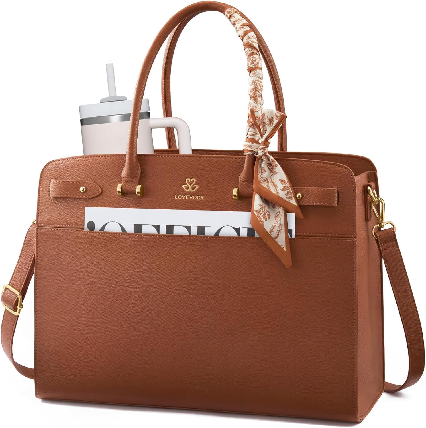 LOVEVOOK Laptop Tote Bag for Women, PU Leather Work Bag Waterproof Briefcase Handbag for Teacher Business with Silk Scarf