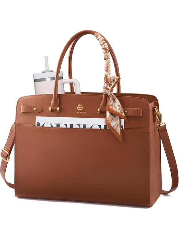 Laptop Tote Bag for Women, PU Leather Work Bag Waterproof Briefcase Handbag for Teacher Business with Silk Scarf