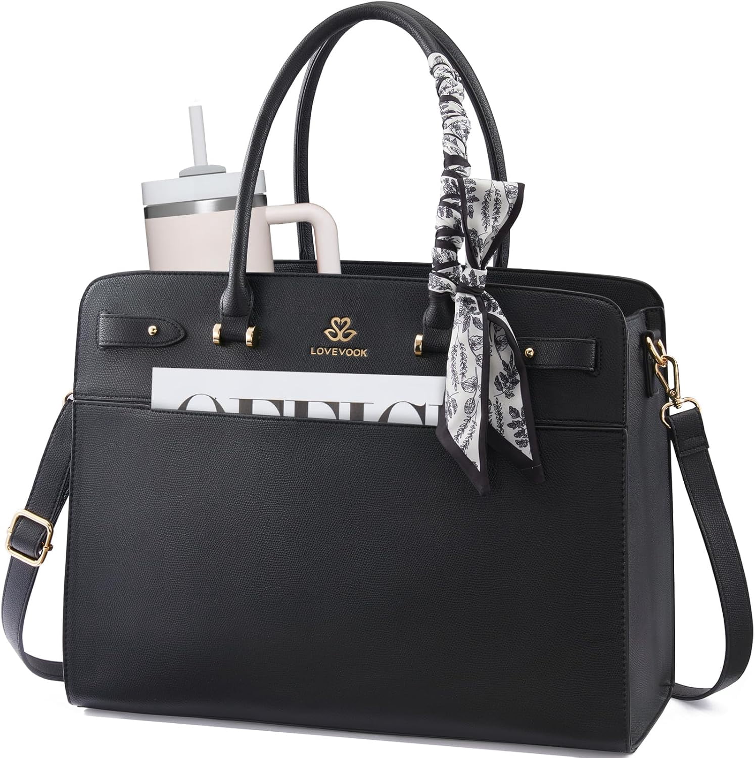 LOVEVOOK Laptop Tote Bag for Women, PU Leather Work Bag Waterproof Briefcase Handbag for Teacher Business with Silk Scarf