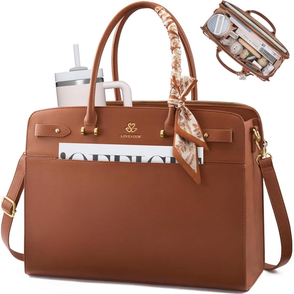 LOVEVOOK Laptop Tote Bag for Women, PU Leather Work Bag Waterproof Briefcase Handbag for Teacher Business with Silk Scarf